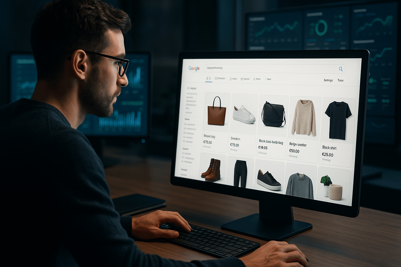 E-Commerce-Manager analysiert Google Shopping Kampagnen auf mehreren Monitoren mit Produktdaten, Performance-Metriken und Optimierungsdashboards.