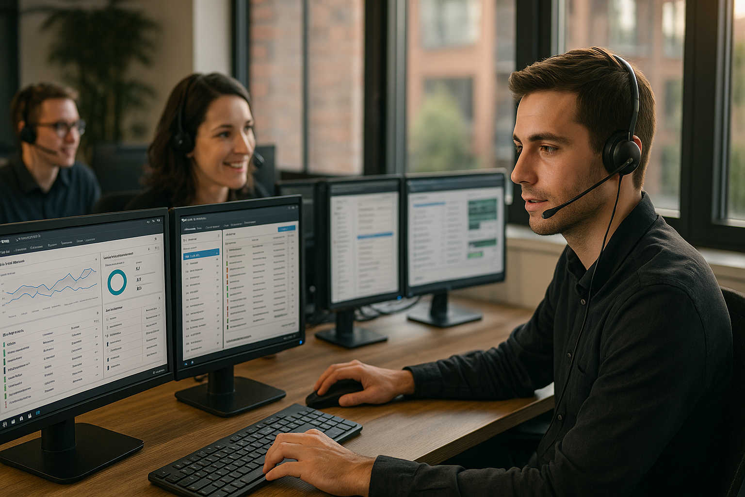 Professionelles Support-Team arbeitet an JTL-Warenwirtschaftssystem mit mehreren Bildschirmen, moderne Büroumgebung mit strukturierten Prozessen und klarer Kommunikation, natürliches Licht, hochwertige Atmosphäre