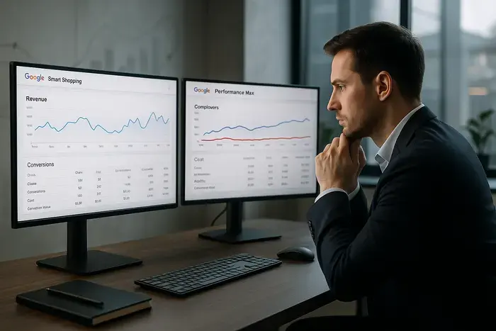 Ein moderner E-Commerce-Arbeitsplatz mit mehreren Bildschirmen, auf denen Smart-Shopping- und Performance-Max-Dashboards nebeneinander zur Analyse und zum Vergleich von Kampagnenmetriken, ROAS-Daten und Konversionstrends angezeigt werden.