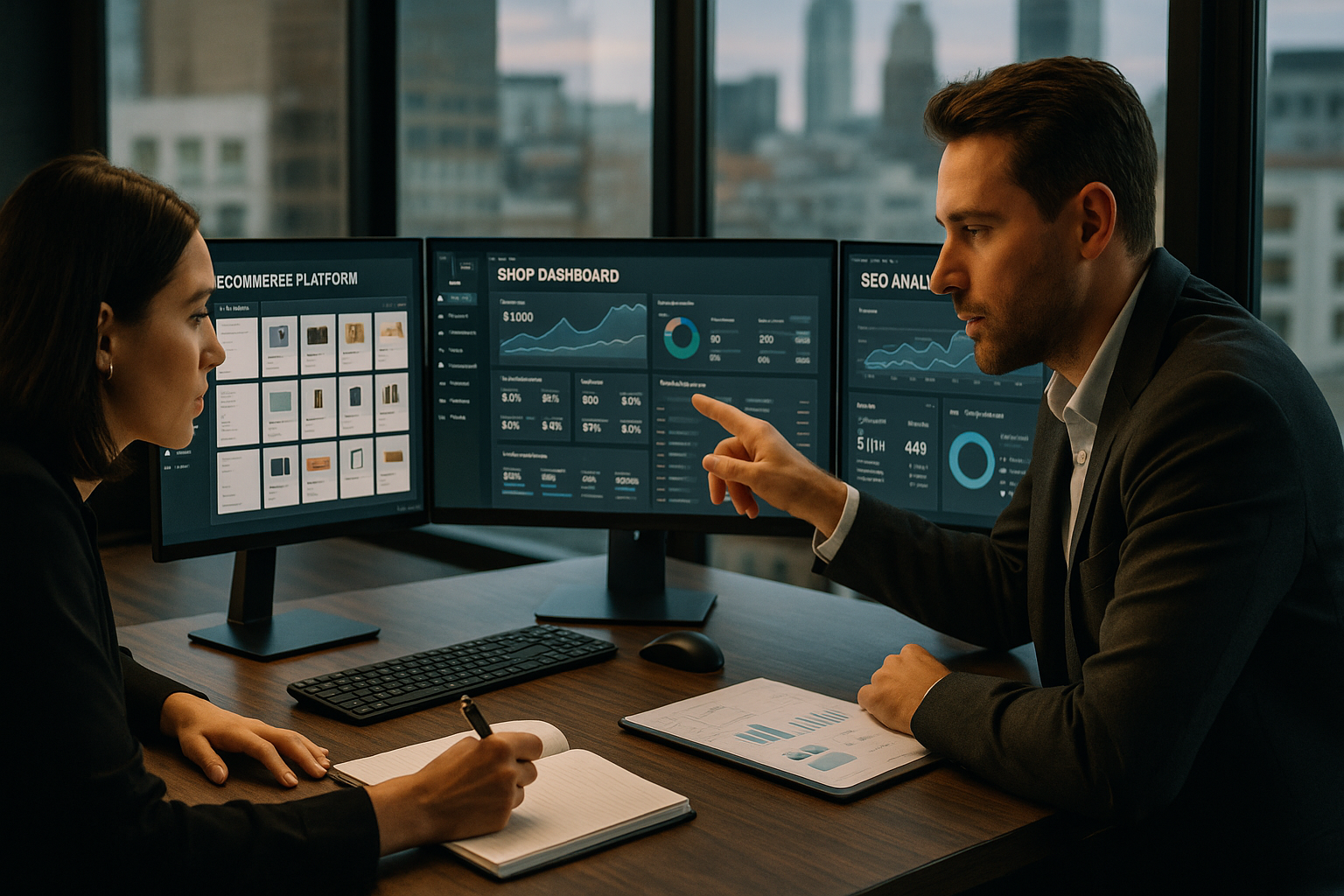 Professioneller digitaler Arbeitsplatz mit mehreren Monitoren, auf denen verschiedene E-Commerce-Plattformen und SEO-Analysen angezeigt werden. Ein Geschäftsteam analysiert Daten und trifft strategische Entscheidungen in moderner Büroumgebung mit technologischem Fokus.