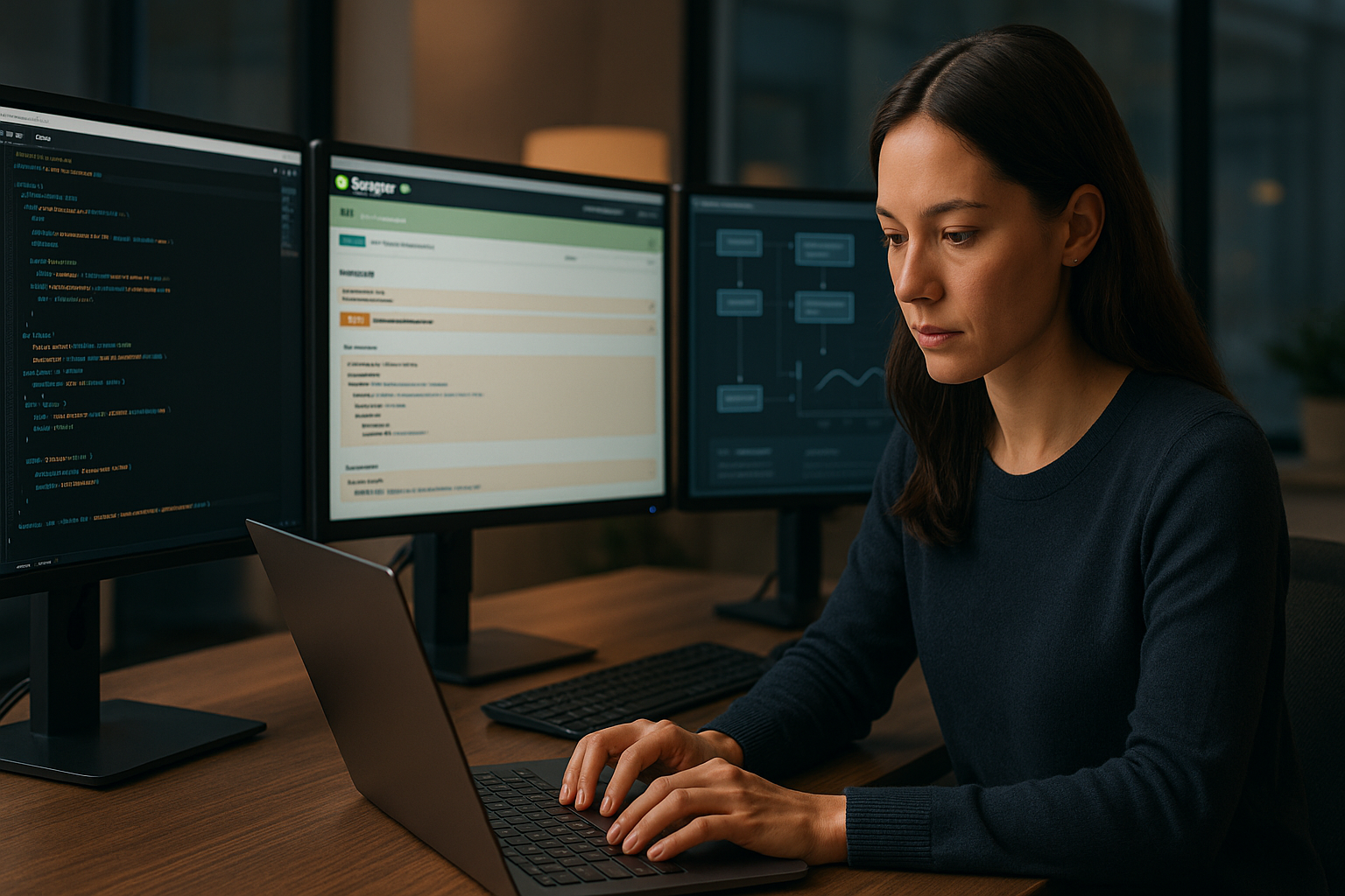 Entwickler arbeitet konzentriert an mehreren Monitoren mit JTL API Dokumentation, Code-Editor und Swagger-Interface in modernem Büro, fotorealistisch