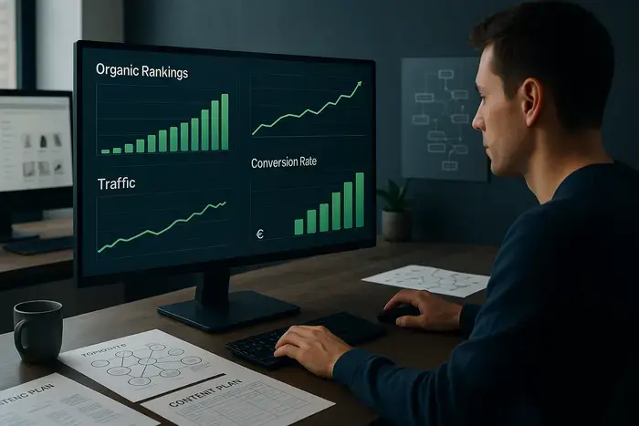 Moderner Arbeitsplatz mit Analytics-Dashboard zeigt organische Rankings, Traffic-Entwicklung und E-Commerce-Conversions einer Website über mehrere Monate.