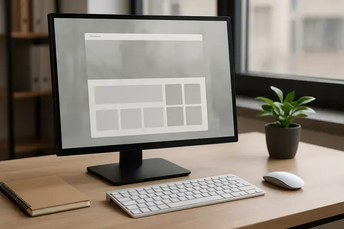 Arbeitsplatz mit abstraktem Shop-Layout und großflächigem Hintergrundbild