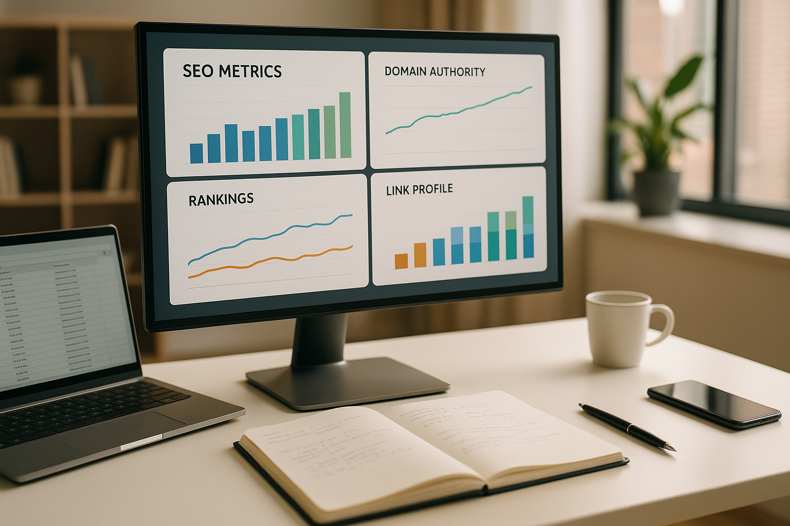 Moderner Arbeitsplatz mit gebogenem Monitor zeigt SEO-Dashboards und Domain-Authority-Diagramme, Notizen, Laptop und Kaffeetasse auf hellem Schreibtisch bei Tageslicht