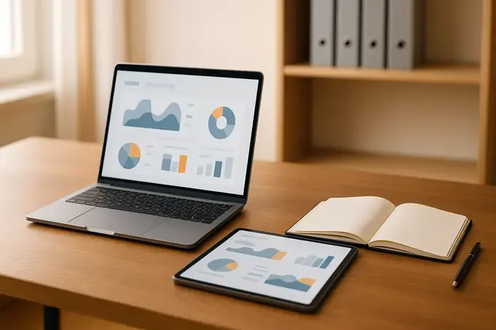 Moderner Büroarbeitsplatz mit Laptop und Tablet auf Schreibtisch, abstraktes Dashboard-Interface, Notizbuch und Stift, natürliche Beleuchtung