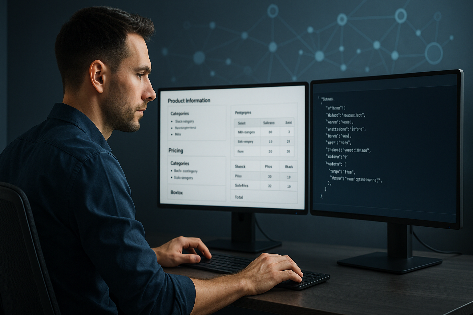 E-Commerce-Manager an zwei Monitoren mit strukturierten Produktdatentabellen, Schema-Markup und KI-Integrationsdashboard – moderner Arbeitsplatz mit fokussiertem, datengetriebenem Workflow.