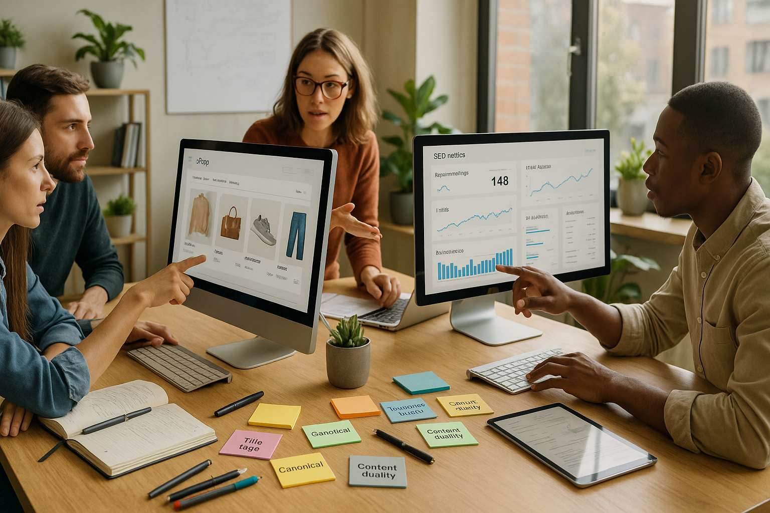 Modernes E-Commerce-Team in hellem Büro arbeitet an großen Monitoren mit Shop-Seiten und SEO-Metriken, im Vordergrund liegen Notizen zu Onpage-Optimierung, Tageslicht durch Fenster, professionelle Arbeitsatmosphäre