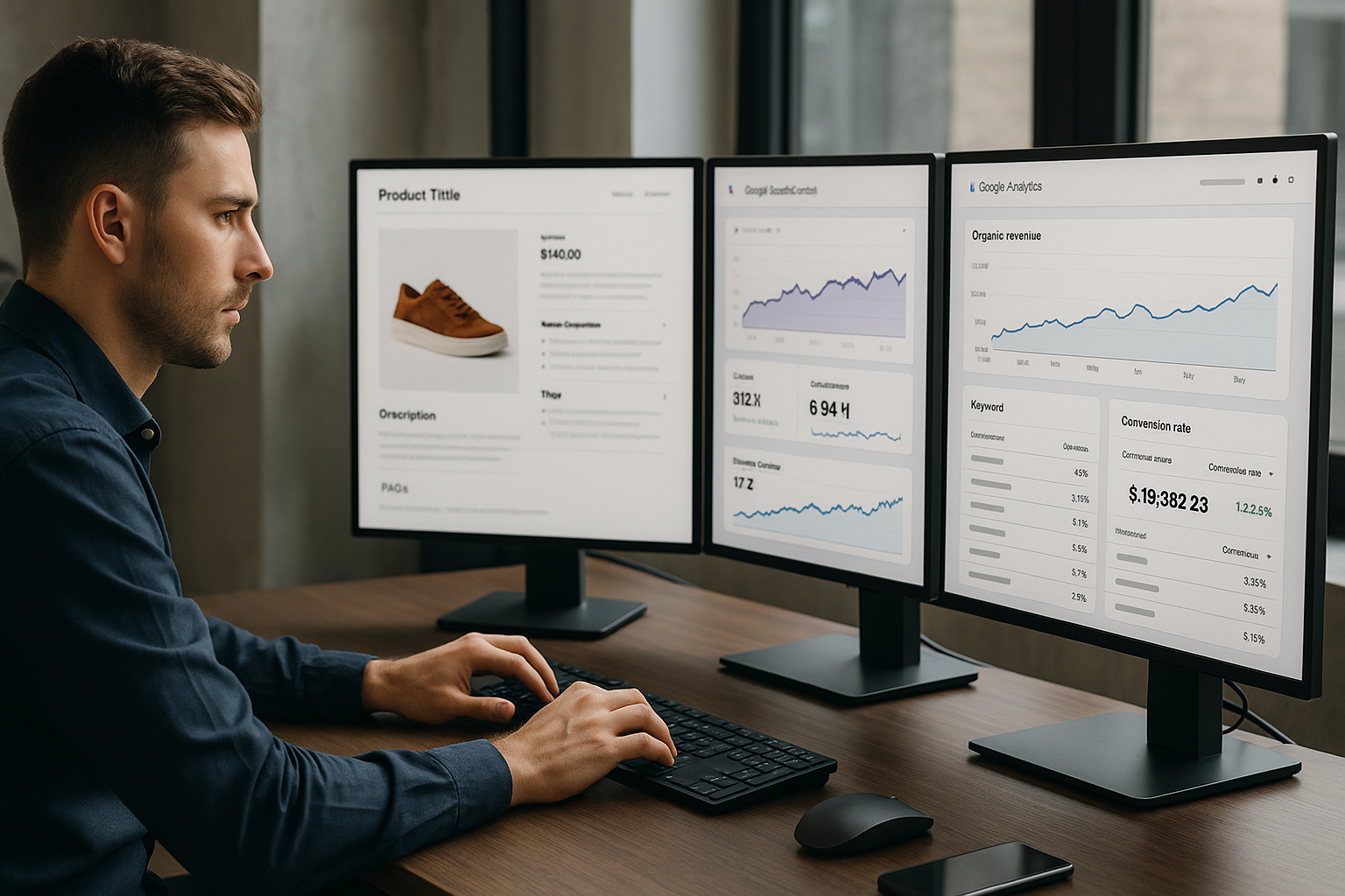 Moderner E-Commerce-Manager am Schreibtisch mit mehreren Monitoren zeigt optimierte Produktseiten, Google Search Console Rankings und Analytics-Daten für organische Umsatzsteigerung.