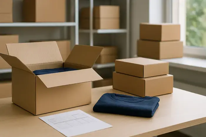 Neutrale Produktverpackungen und Maßband zur Prüfung von Retourengründen