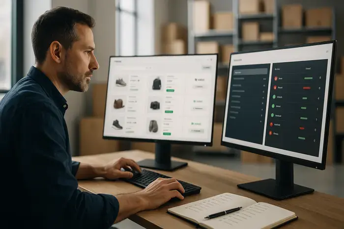 Shop-Betreiber überprüft systematisch Produktdaten auf mehreren Monitoren und validiert Fehlerquoten in der Produktdatenbank.