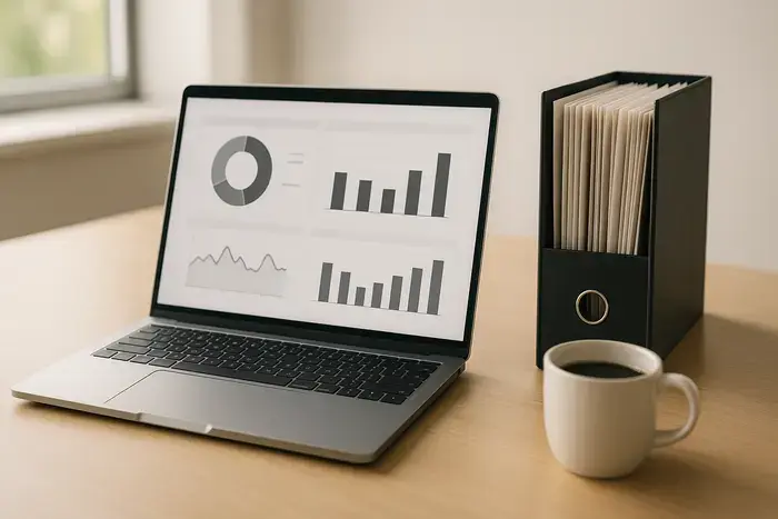 Laptop mit Rechnungs-Dashboard, Metriken und Dokumenten auf dem Schreibtisch in professioneller Büroumgebung