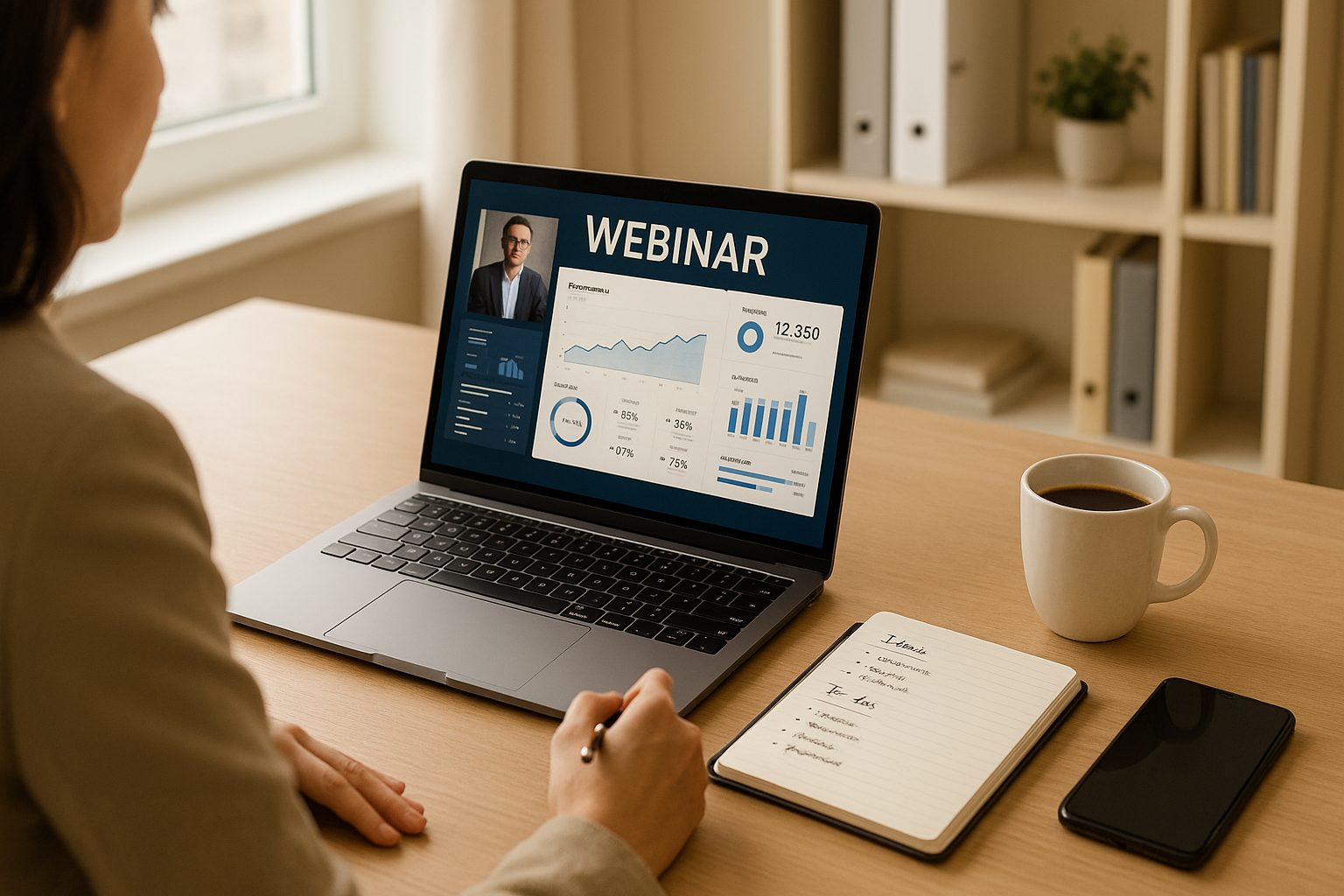 Moderne Webinar-Teilnahme am Schreibtisch mit Laptop, Online-Präsentation und Notizen, helle Büroatmosphäre, professionelle E-Commerce-Umgebung, natürliches Licht, konzentrierte Arbeitsszene