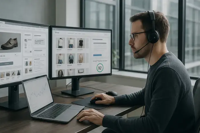 E-Commerce-Manager mit mehreren Monitor-Displays zeigt Shop-Template-Designs und Performance-Metriken