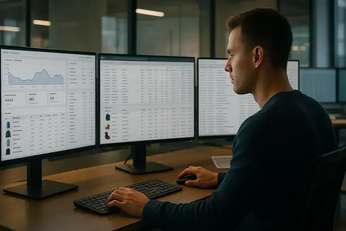 Person an modernem Büroschreibtisch analysiert Google-Shopping-Feed-Daten auf mehreren Computerbildschirmen mit Merchant-Center-Dashboard und strukturiertem Produktdaten-Management in professioneller Office-Umgebung