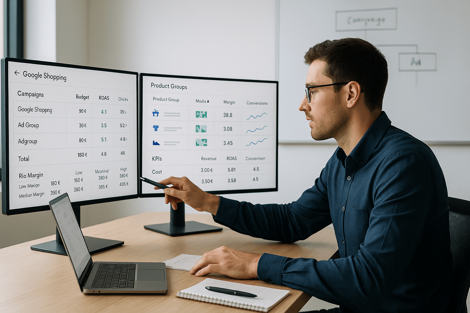 Strukturierte Google Shopping Kampagne mit mehreren Produktgruppen auf Laptop-Bildschirm, zu sehen sind Budget-Allocationen, Performance-Metriken und ROAS-Werte in modernem Dashboard-Design