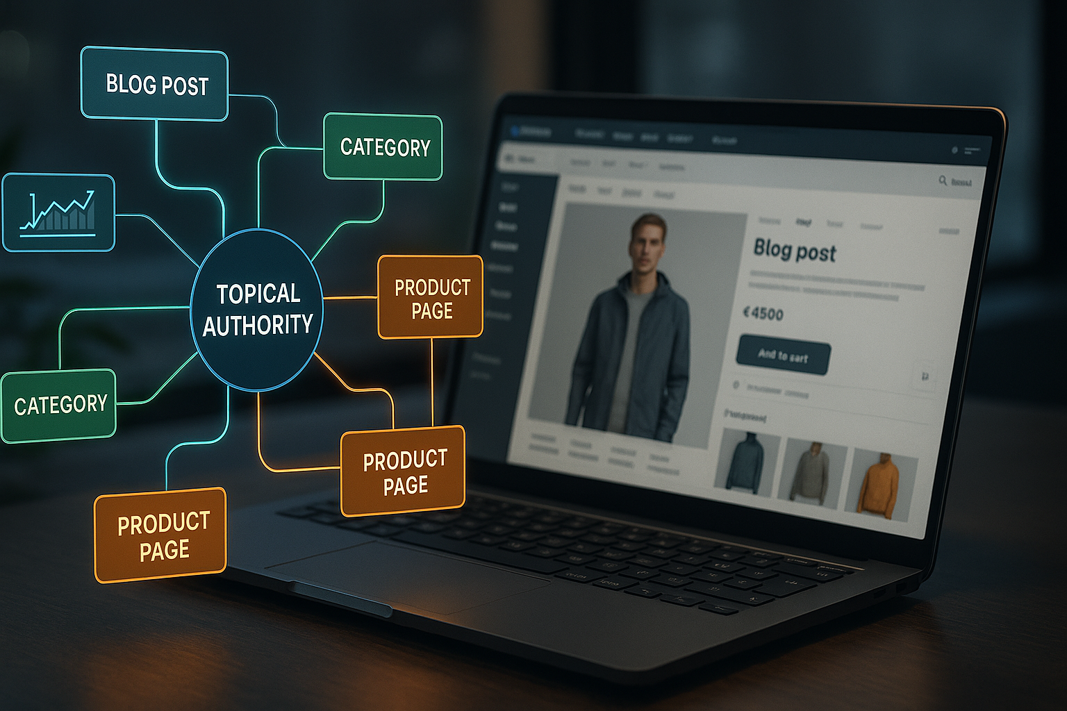Strukturierte Shopware-Shop-Architektur mit integrierten Content-Clustern, Blog-Artikeln, Kategorien und Produktseiten in einer zusammenhängenden Informationsstruktur für Topical Authority