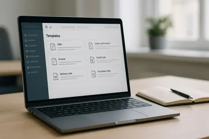 Laptop mit Warenwirtschaftssoftware auf Schreibtisch, Notizbuch und Stift, professionelle Büroumgebung