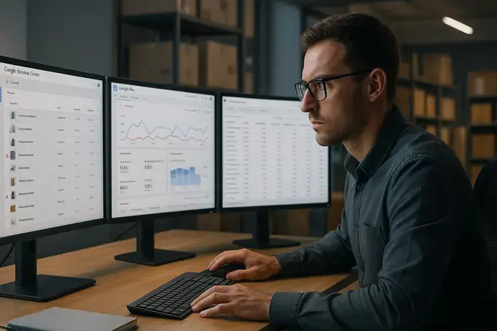 E-Commerce-Manager analysiert Google Merchant Center und Feed-Daten auf mehreren Monitoren, um Shopping-Ausspielungsfehler systematisch zu diagnostizieren.