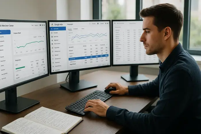 E-Commerce-Manager analysiert Shopping-Kampagnen auf mehreren Monitoren mit Produktfeeds, Performance-Dashboards und Margen-Berechnungen