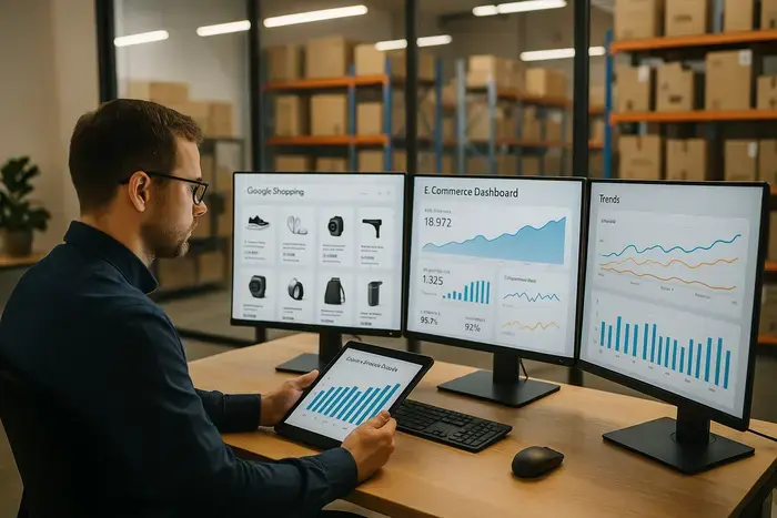 E-Commerce-Manager analysiert Google Shopping Trends auf mehreren Monitoren mit Produktdaten und Lagerbeständen im Hintergrund.