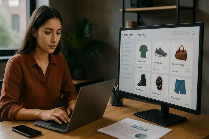 E-Commerce-Manager verwaltet Google-Shopping-Produktdaten auf dualem Monitor-Setup mit strukturierten Feeds und Optimierungsdashboard