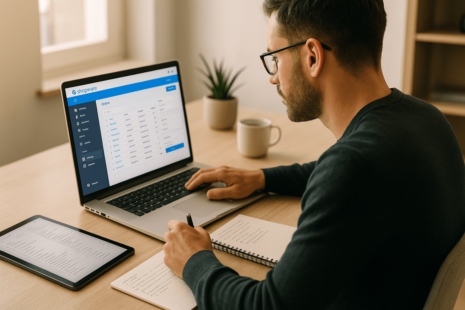E-Commerce-Manager sitzt konzentriert am hellen Schreibtisch mit Laptop und Notizen, auf dem Monitor sind Shopware-Verwaltungsoberflächen und Shop-Daten deutlich sichtbar, modernes Büro mit natürlichem Licht