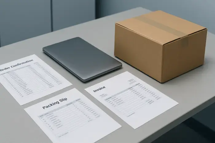 Bestellunterlagen und Versanddokumente mit nicht lesbaren Nummernfolgen im E-Commerce-Büro
