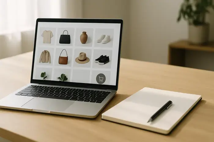 Moderner Holzschreibtisch mit Laptop, auf dem eine Shop-Oberfläche mit Produktkatalog sichtbar ist, daneben Notizbuch und Stift