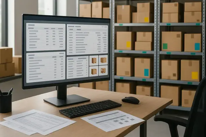 Moderner Arbeitsplatz mit Monitor für Bestandsverwaltung, organisierte Pakete im Hintergrund