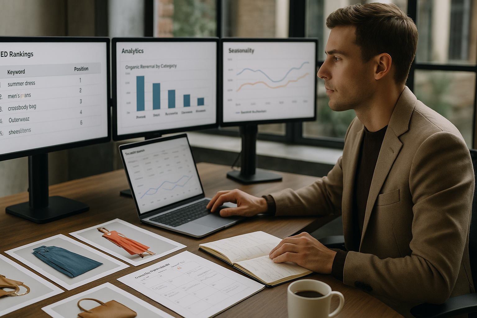 Fashion E-Commerce Workspace: Laptop mit SEO-Dashboard zeigt Rankings und organischen Umsatz, daneben hochwertige Produktfotos, Content-Kalender und Analytics-Charts für saisonale Fashion-Trends