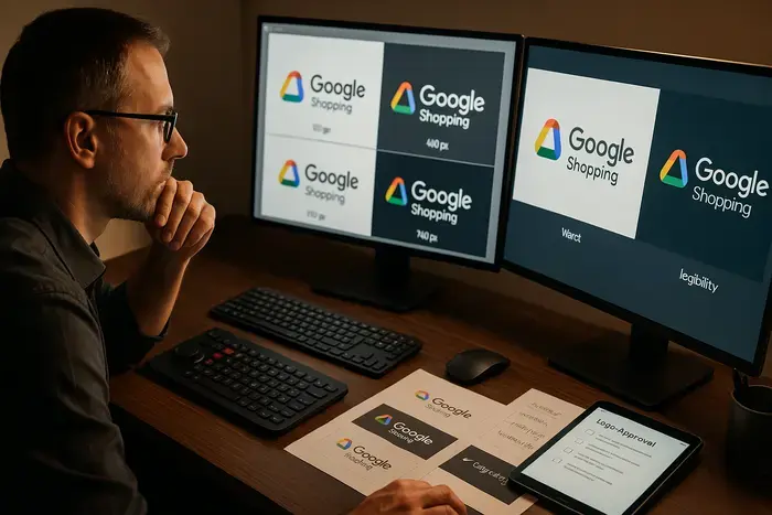 E-Commerce-Manager optimiert Google Shopping Logo in verschiedenen Größen und auf unterschiedlichen Hintergründen, prüft Kontrast und Lesbarkeit mit professionellen Design-Tools