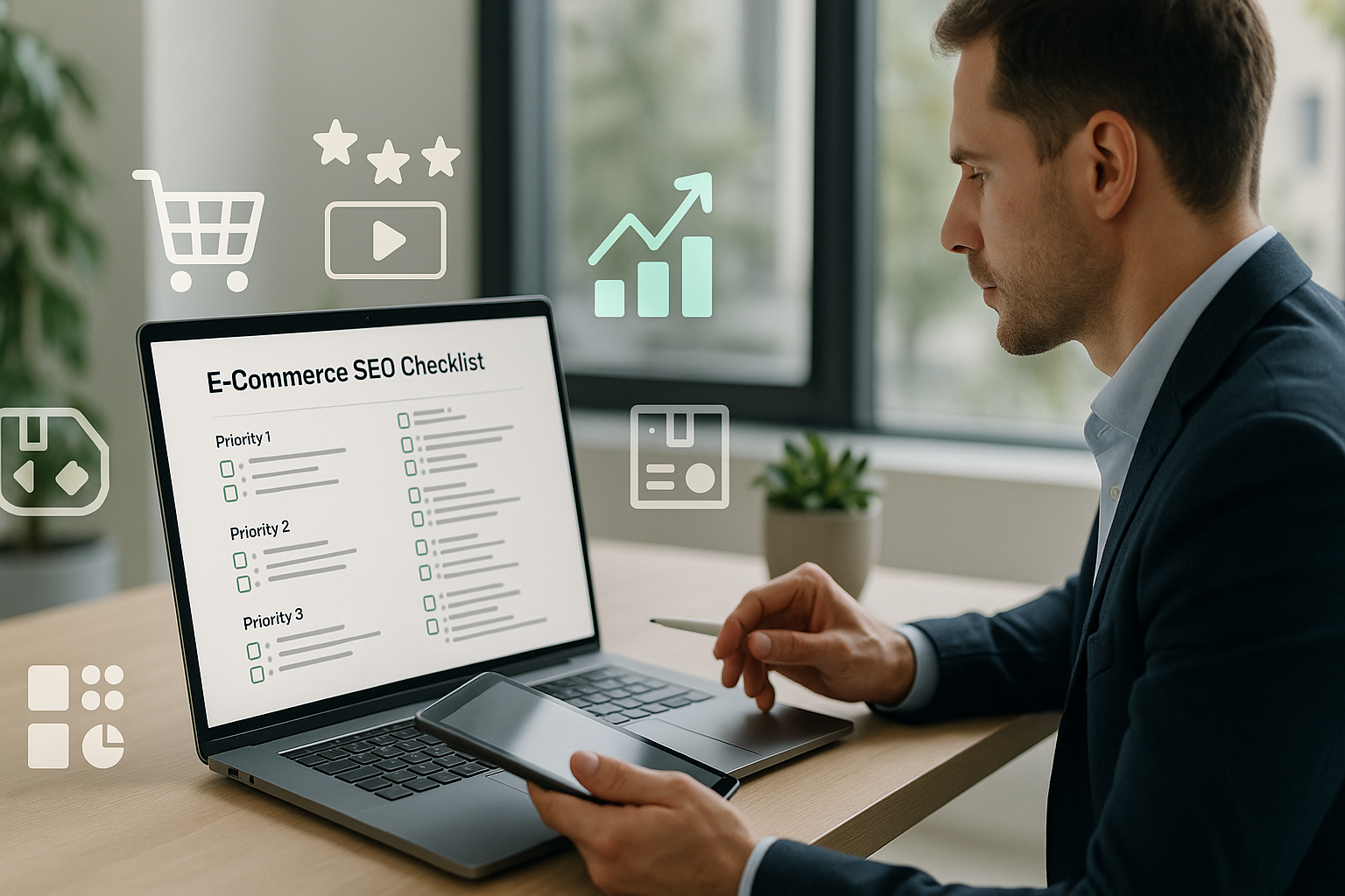 Laptop-Bildschirm mit strukturierter E-Commerce SEO Checklist, umgeben von Icons für Produkte, Kategorien, Ranking-Positionen und Umsatz-Metriken.