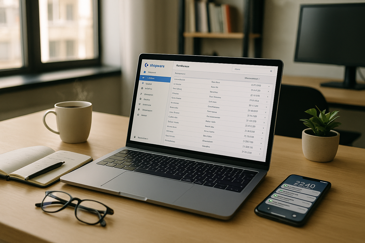 Laptop mit geöffneter Shopware-Backend-Übersicht auf einem aufgeräumten Schreibtisch mit Smartphone und Notizbuch