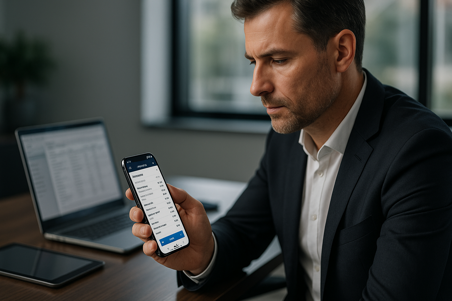 Geschäftsführer im modernen Büro prüft konzentriert mobile Warenwirtschaft auf Smartphone, im Hintergrund Laptop und Tablet, natürliches Licht durch Fenster, aufgeräumte Atmosphäre, professionelle digitale Effizienz