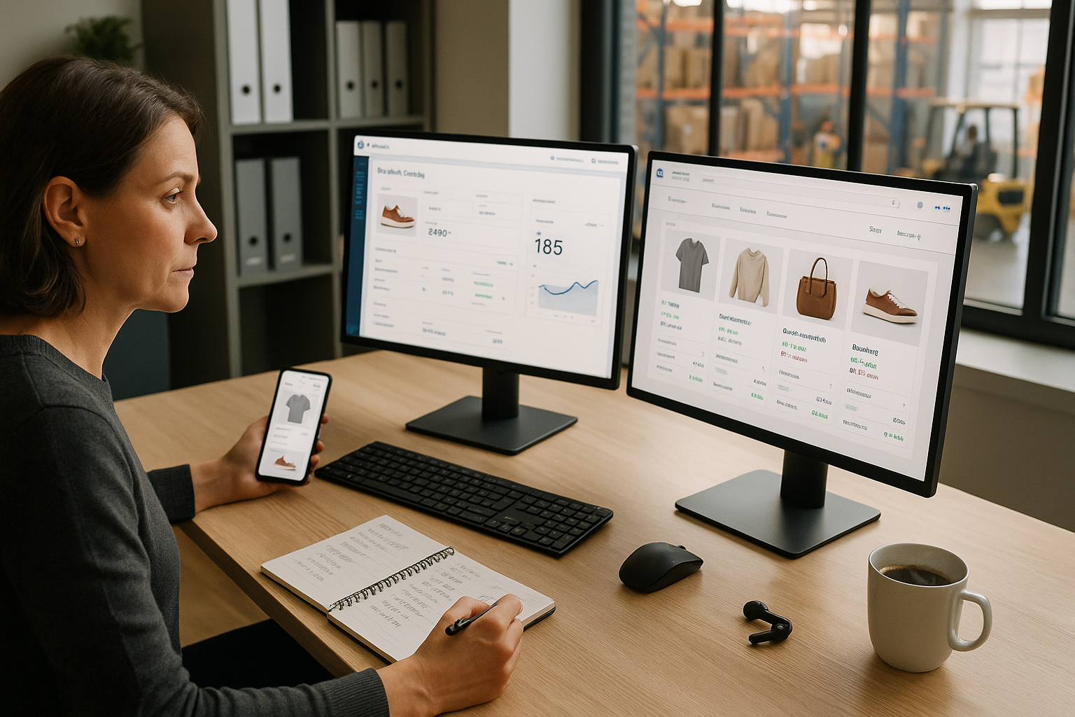 Mitarbeiterin analysiert E-Commerce- und Produktdaten auf zwei Monitoren und einem Smartphone in einem Büro mit Lagerblick