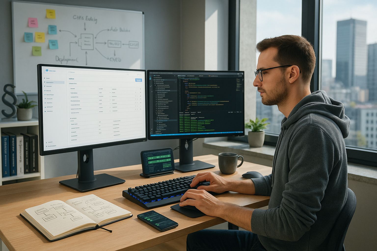 Entwickler arbeitet am Schreibtisch mit zwei Monitoren: links ein Projekt-/Admin-Interface, rechts Code-Editor; im Hintergrund Whiteboard und Blick auf die Skyline durch große Fenster.