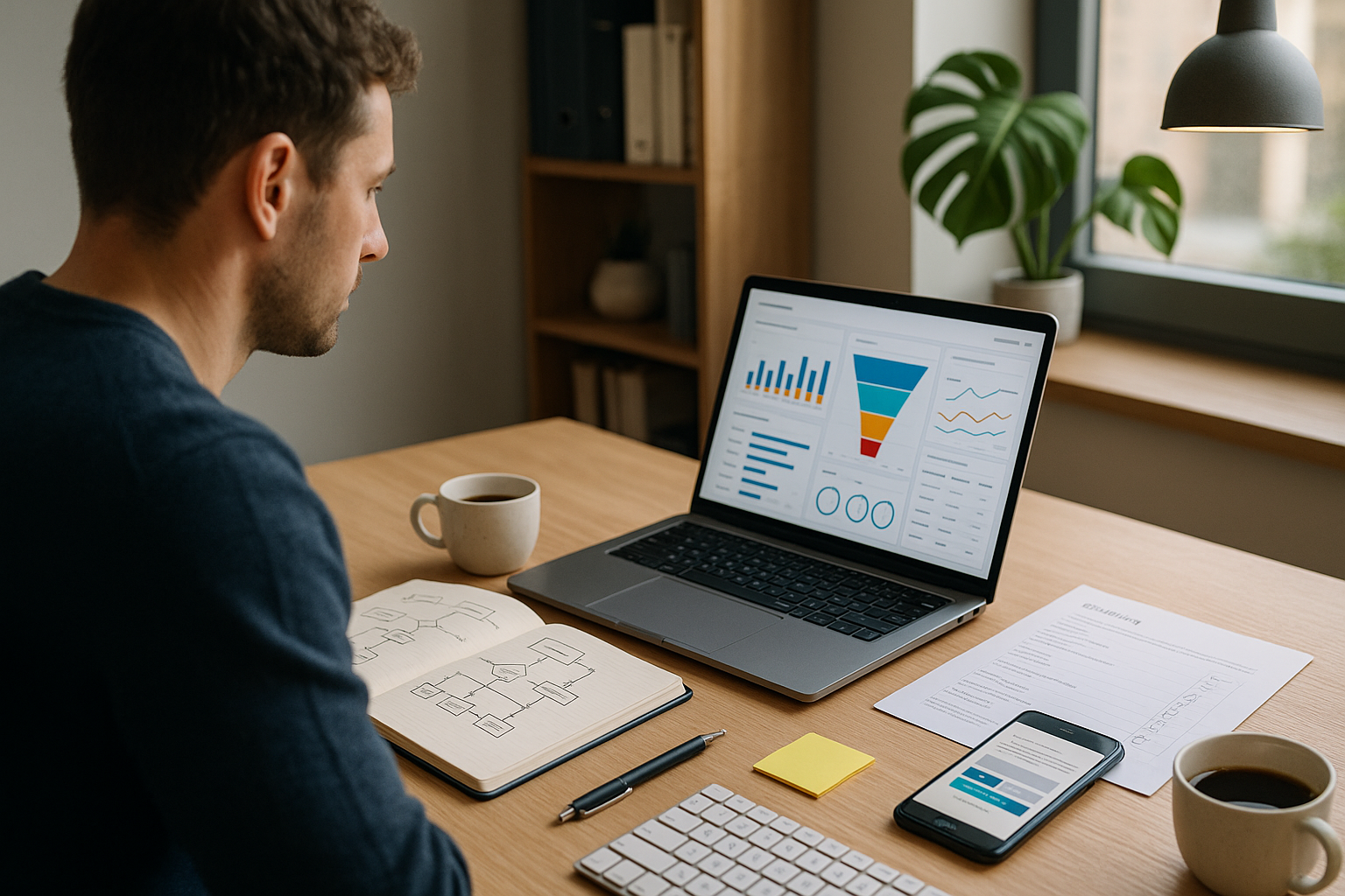 Mitarbeiter analysiert ein Reporting-Dashboard mit Diagrammen am Laptop; daneben liegen Notizbuch mit Prozessskizze, Smartphone und Unterlagen auf dem Schreibtisch.