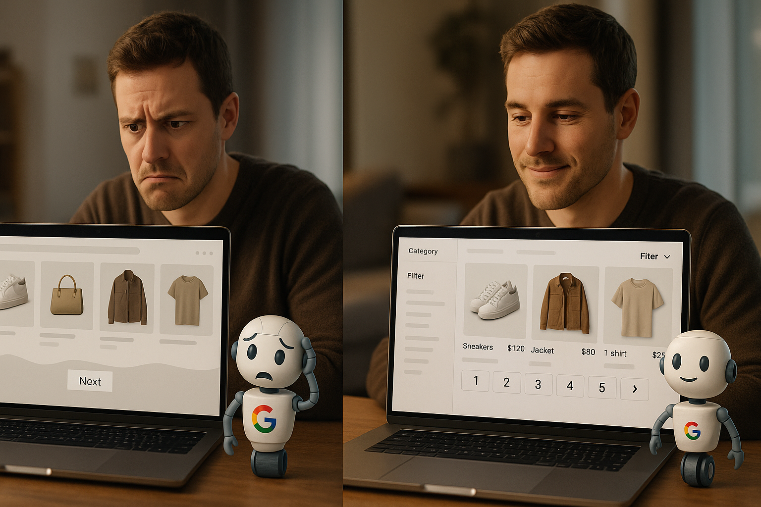 Split-Screen-Vergleich: Linke Seite zeigt E-Commerce-Shop mit schlechter Pagination (nur Next-Buttons, endloses Scrollen, chaotische Navigation), rechte Seite zeigt optimierten Shop mit direkten Seitenzahlen 1-2-3-4-5 und strukturierter Kategorie-Navigation für Google und Nutzer