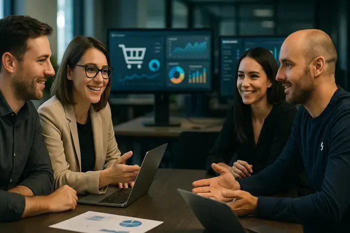 Mehrere E-Commerce-Experten diskutieren um einen Tisch, digitale Monitore mit Dashboards im Hintergrund zeigen gemeinsame Projektarbeit.