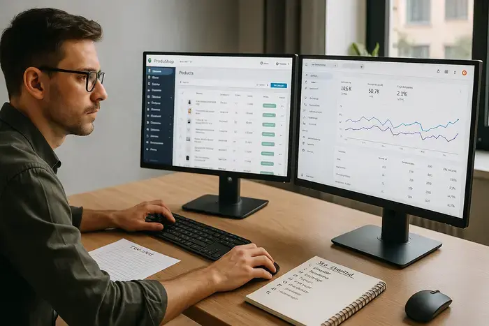 E-Commerce-Manager an zwei Monitoren: linker Monitor zeigt PrestaShop-Dashboard, rechter Monitor zeigt Google Search Console und GA4-Analytics mit Rankings, CTR, Sessions und Conversion-Daten; Schreibtisch mit Keywords und Checklisten im modernen Büro.