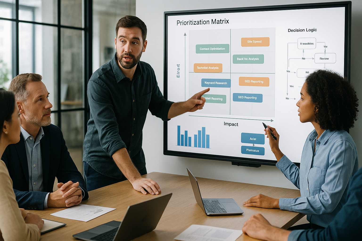 E-Commerce-Team evaluiert SEO-Maßnahmen in einer Priorisierungs-Matrix mit Balkendiagrammen und Entscheidungslogik