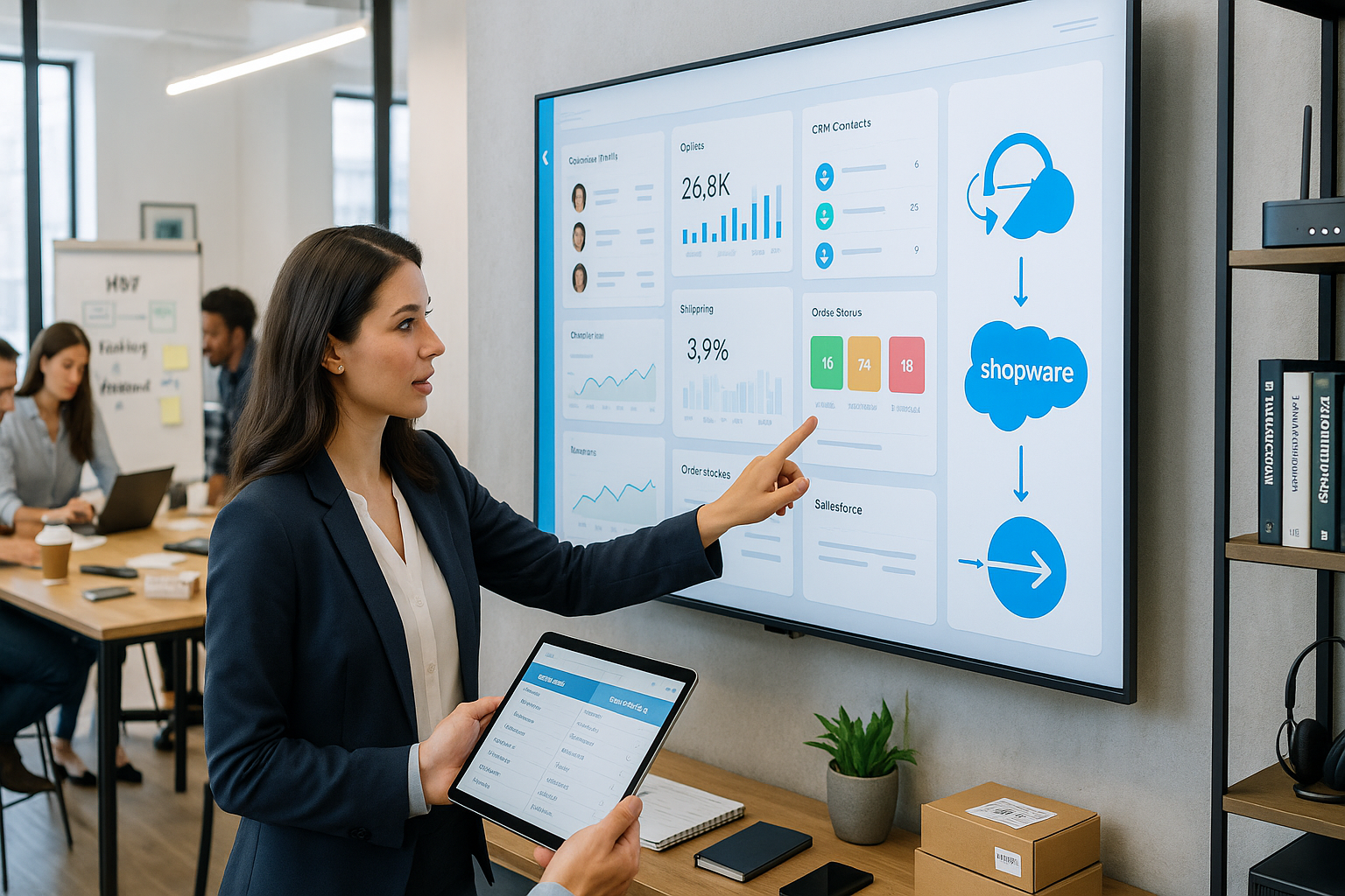 Mitarbeiterin verwaltet Produkt- und Kundendaten im Shopware-Backend an zwei Monitoren in einem modernen Büro