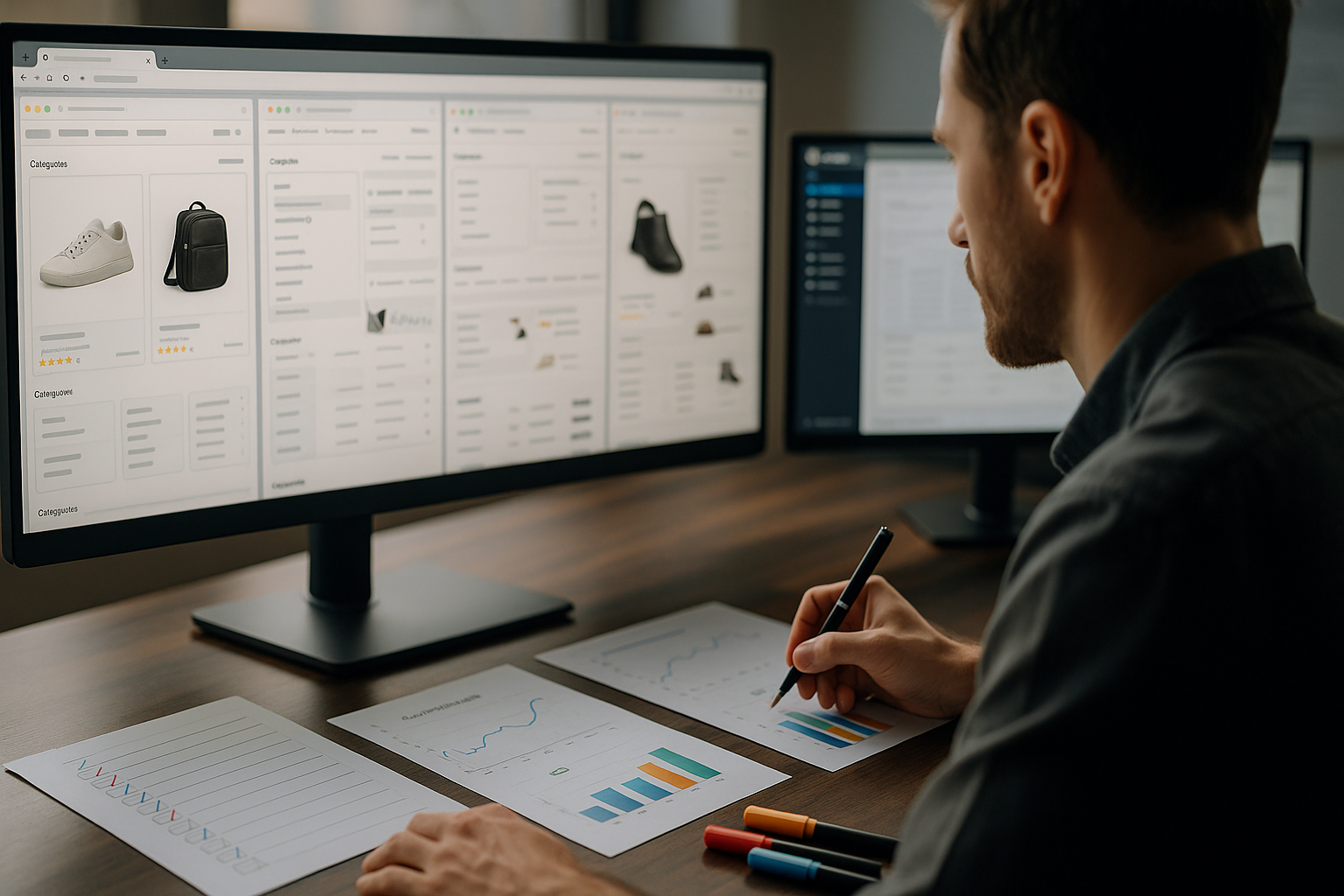 Website-Analyse und Optimierungsvergleich auf großem Monitor mit mehreren geöffneten E-Commerce-Produktseiten nebeneinander, Datendiagramme, Checklisten und Analytikerhänden am Schreibtisch