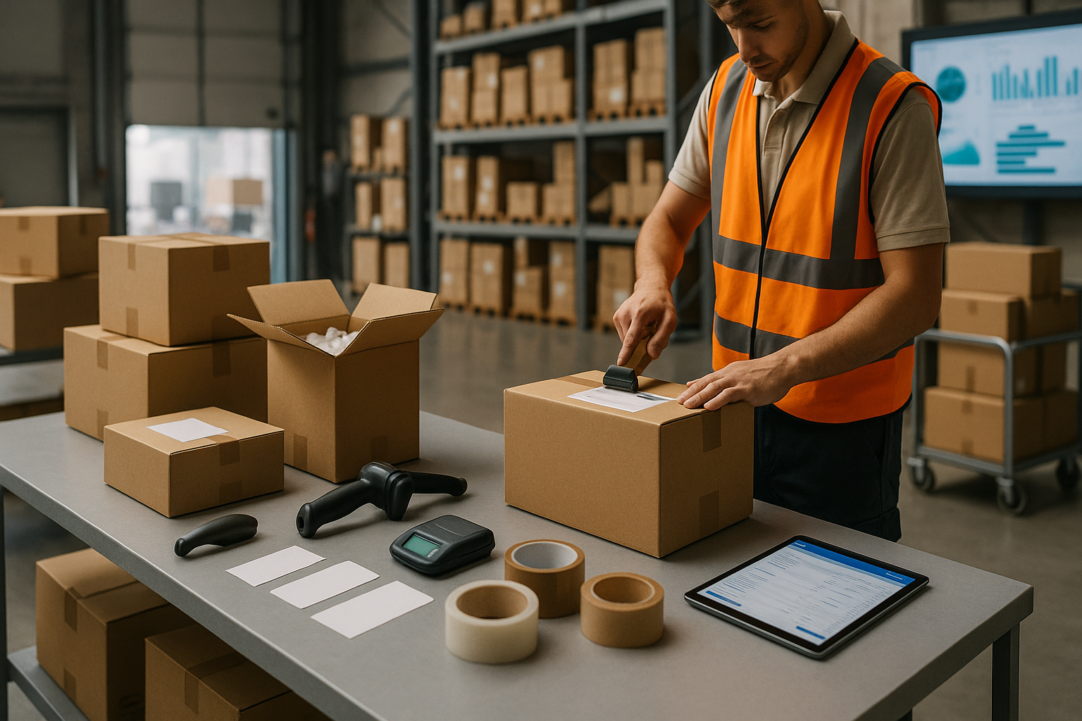 Lagermitarbeiter etikettiert Versandkartons und scannt Pakete mit einem Handscanner in einem modernen Logistiklager