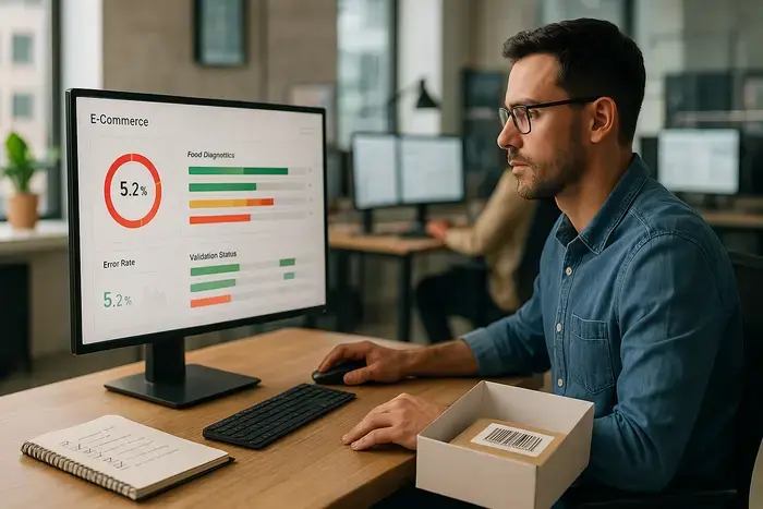 E-Commerce-Spezialist analysiert Feed-Fehler auf Dashboard mit Validierungsstatus, Notizbuch mit Checklisten und Produktverpackung auf dem Schreibtisch, Workstations im Hintergrund