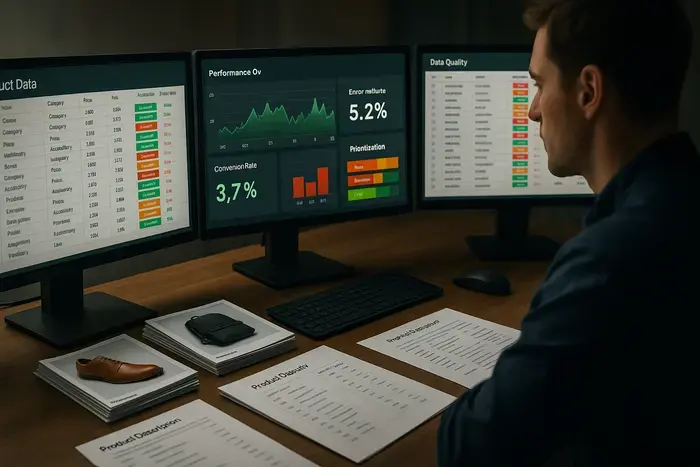 Datenqualitätsprüfung mit Dashboard zeigt Tabellen, Diagramme, grüne Validierungen und rote Fehler in der Feed-Übersicht