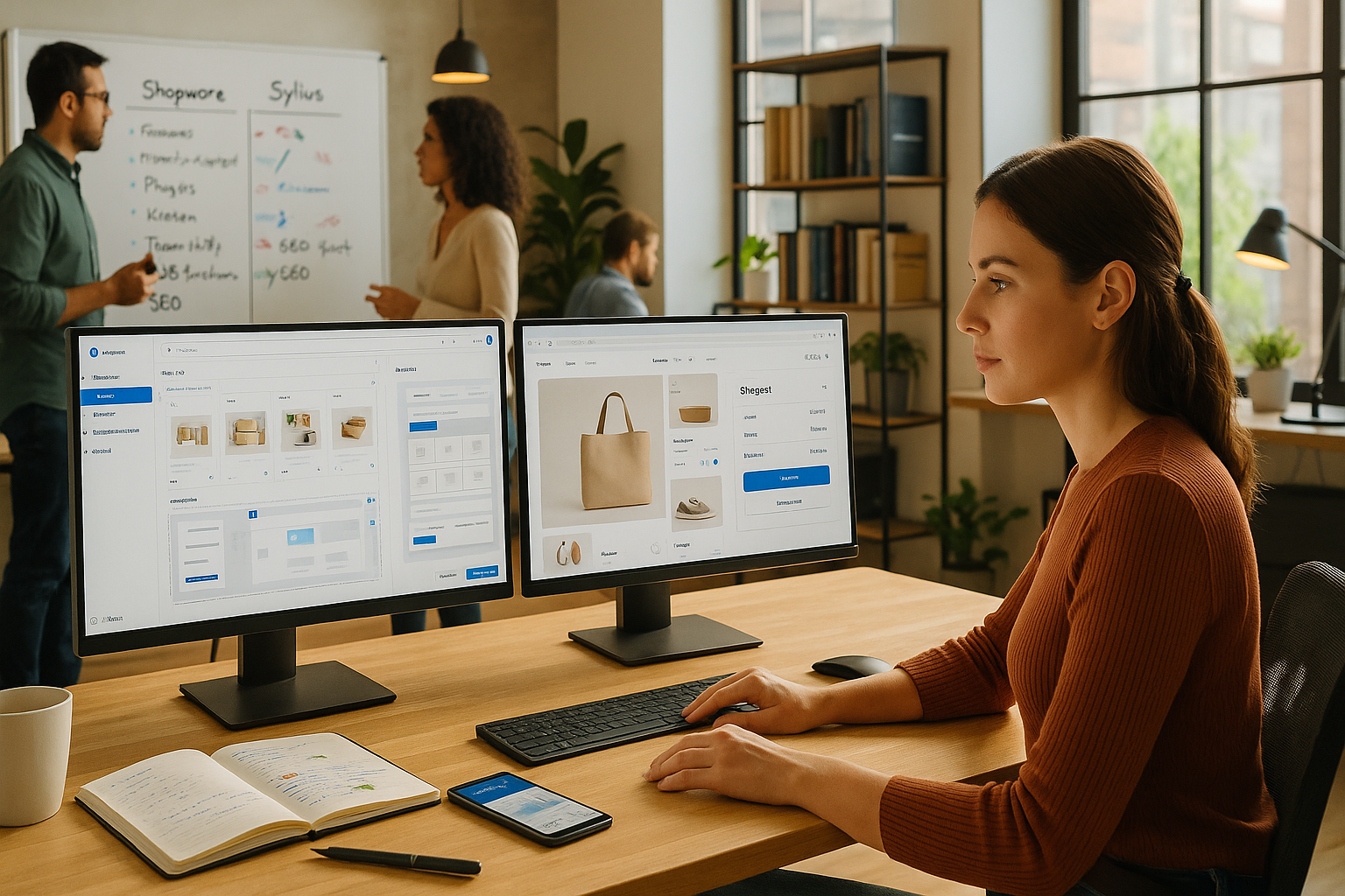 E-Commerce-Manager arbeitet im Shop-Backend und optimiert Produktdarstellung, während im Hintergrund ein Vergleich von Shopware und Sylius für die Shop-Strategie diskutiert wird.