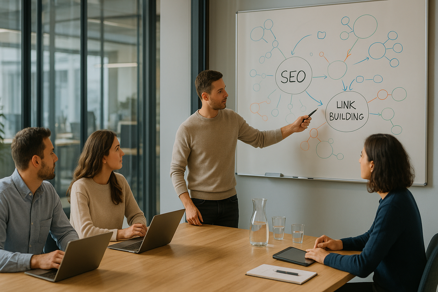 Team-Meeting in modernem Konferenzraum mit Whiteboard voller SEO-Strategien, Diagramme und Pfeile, Laptops auf Tisch, natürliches Tageslicht durch Fenster, professionelle Arbeitsatmosphäre