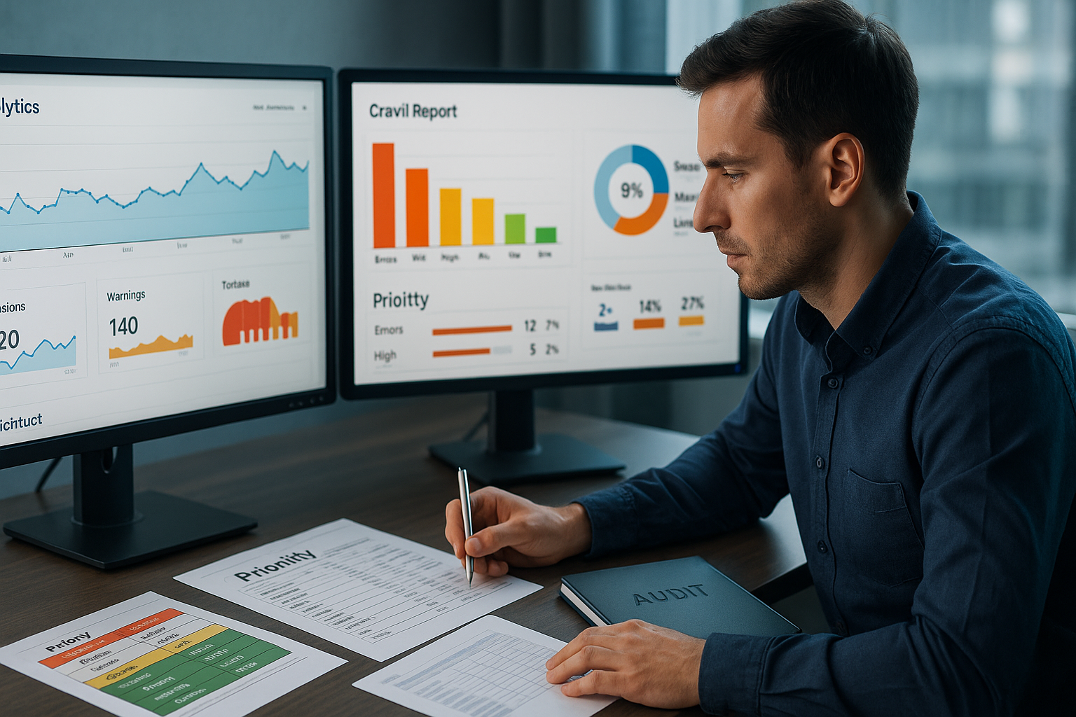 Team sitzt um Tisch, analysiert Audit-Ergebnisse und Priorisierungsmatrix auf Laptop und Dokumenten, plant konkrete Maßnahmen und Verantwortlichkeiten