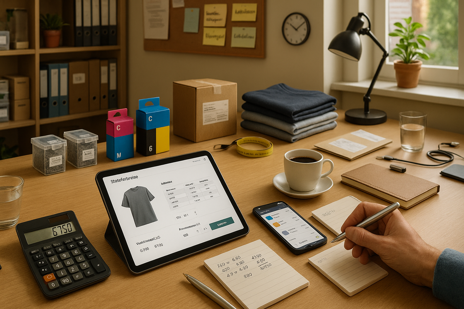 Shopware-6-Backend zur Produktpflege auf einem Laptop; daneben Smartphone mit Produktansicht sowie Notizen und Stift auf dem Schreibtisch.